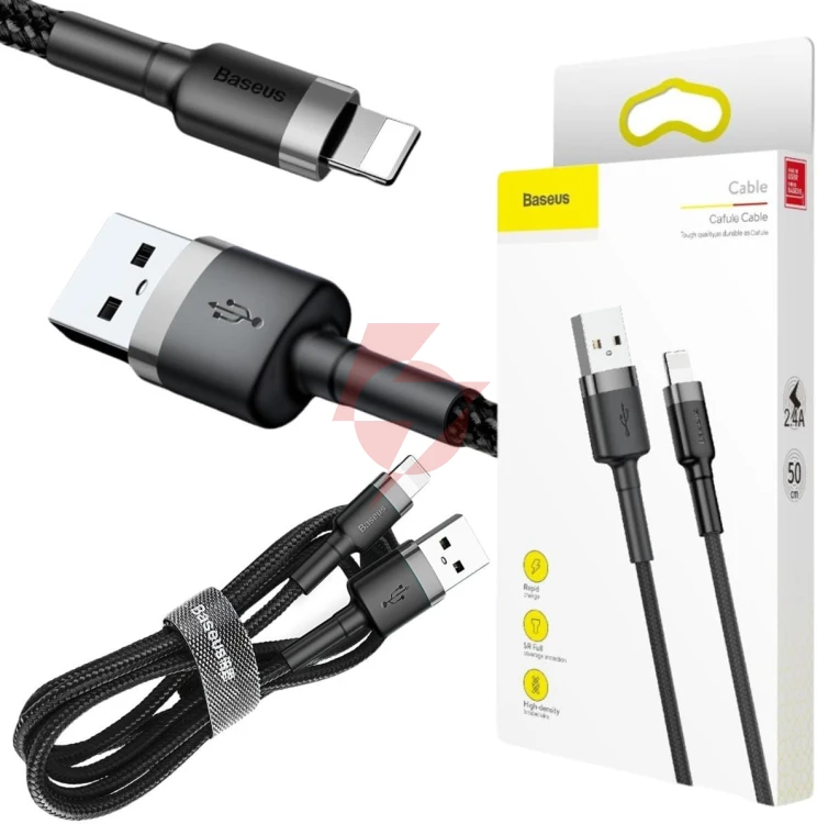 Kabel usb-a / lightning iphone baseus cafule calklf-ag1 50cm apple 2.4a czarno-szary w oplocie