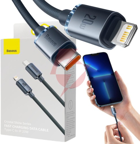 Kabel usb-c / lightning iphone baseus crystal cajy000301 2m 20w pd qc czarny w oplocie premium