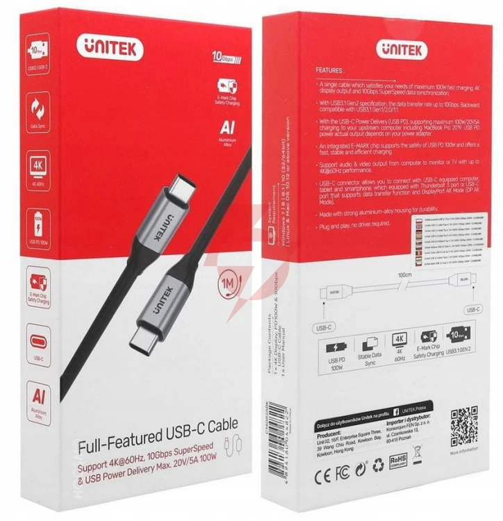Kabel usb unitek usb-c na usb-c 10gbps 4k 60hz 20v/5a | przewód usb, 