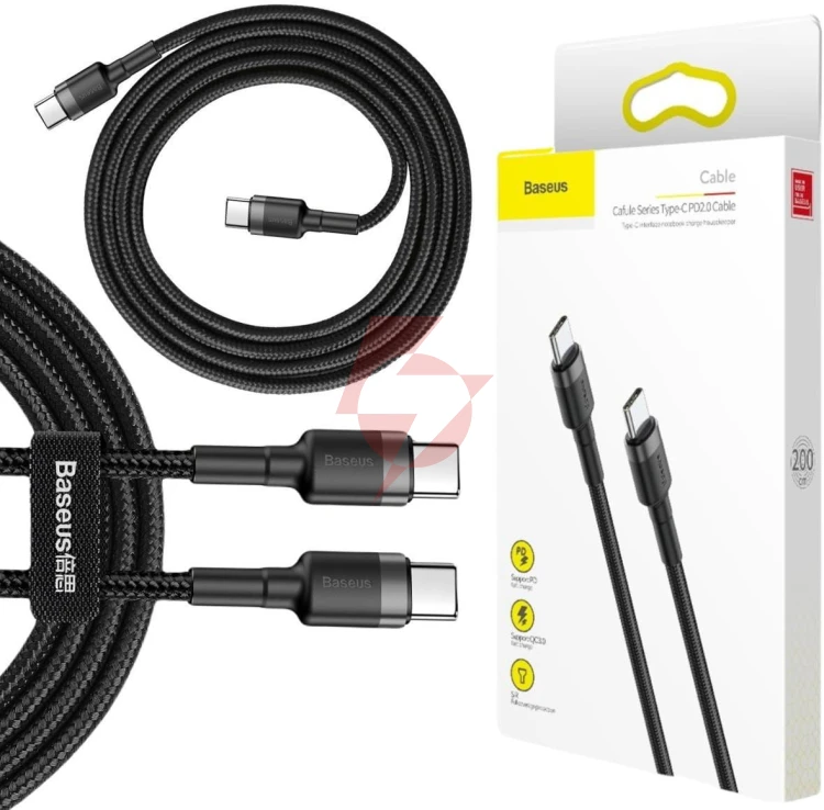 Kabel usb-c / usb-c baseus cafule catklf-hg1 200cm 60w 3a pd 2.0 qc 3.0 czarno-szary w oplocie