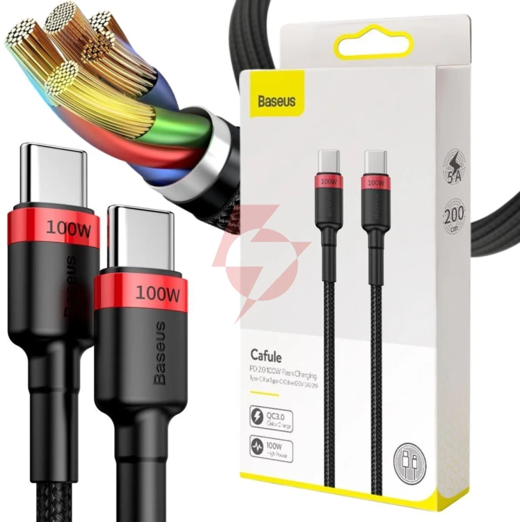 Kabel usb-c / usb-c baseus cafule catklf-al91 200cm 100w 5a pd 2.0 qc 3.0 czarny w oplocie