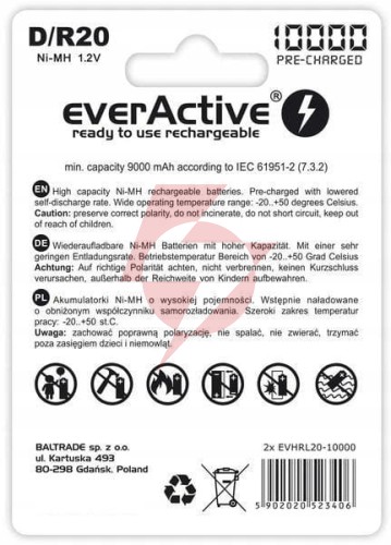 Akumulatorki d / r20 ni-mh everactive 10000mah professional line (box 2 szt.)