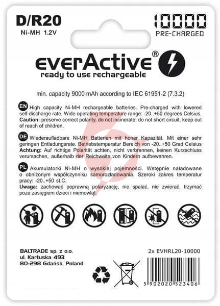 Akumulatorki d / r20 ni-mh everactive 10000mah professional line (box 2 szt.)
