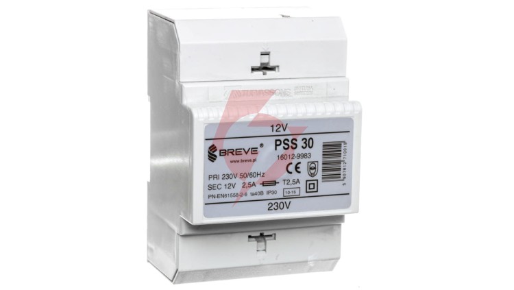 Transformator 1-fazowy modułowy bezpieczeństwa PSS 30 230/ 12V 2,5A, na szynę DIN, IP30, Ta 40, 16012-9983