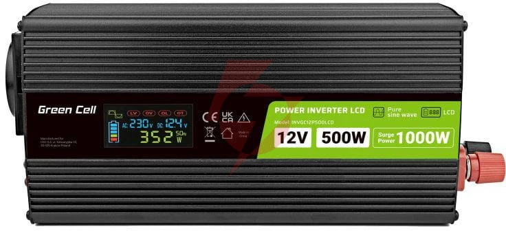 Przetwornica napięcia green cell powerinverter lcd 12v / 230v 500w/1000w czysta sinusoida