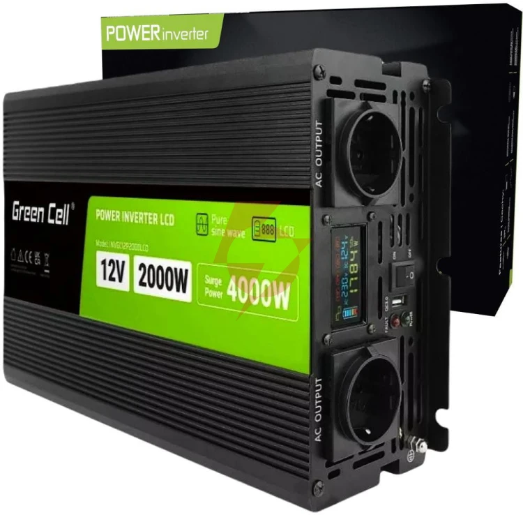 Przetwornica napięcia green cell powerinverter lcd 12v / 230v 2000w/4000w czysta sinusoida
