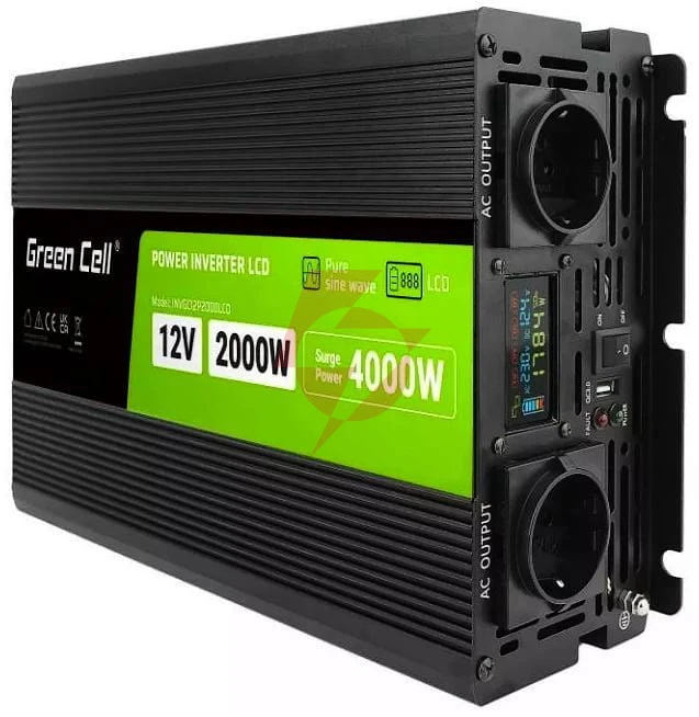 Przetwornica napięcia green cell powerinverter lcd 12v / 230v 2000w/4000w czysta sinusoida