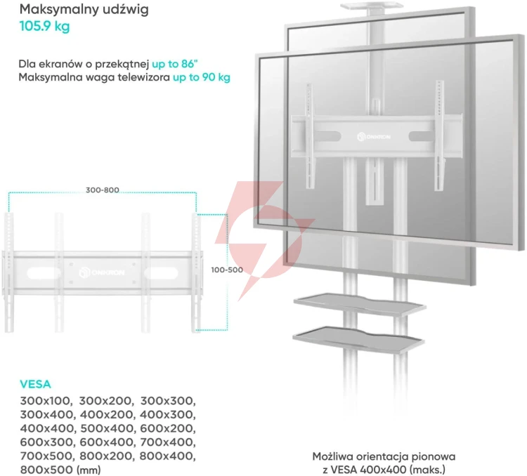 Mobilny stojak do tv 50"-86" do 90 kg onkron ts1881 biały