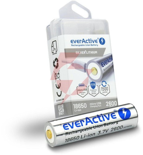 Akumulator 18650 li-ion 3,7v everactive 2600mah (1 szt.) micro-usb z zabezpieczeniem