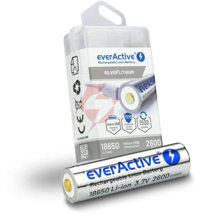 Akumulator 18650 li-ion 3,7v everactive 2600mah (1 szt.) micro-usb z zabezpieczeniem