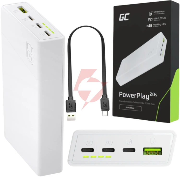 Powerbank green cell powerplay20s 20000mah pd 22,5w qc 3.0 3x usb-c biały