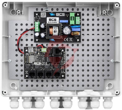 System zasilania do 5 kamer ip ze switchem poe w obudowie zewnętrznej bcs power bcs-ip4/z/e-s