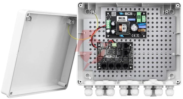 System zasilania do 5 kamer ip ze switchem poe w obudowie zewnętrznej bcs power bcs-ip4/z/e-s