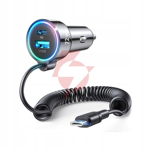 Ładowarka samochodowa 3w1 joyroom jr-cl07 72w 4.0a pd 3.0 qc 3.0 1x usb-a 1x usb-c z kablem 1.6m