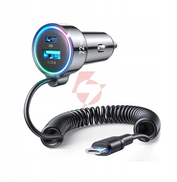 Ładowarka samochodowa 3w1 joyroom jr-cl07 72w 4.0a pd 3.0 qc 3.0 1x usb-a 1x usb-c z kablem 1.6m