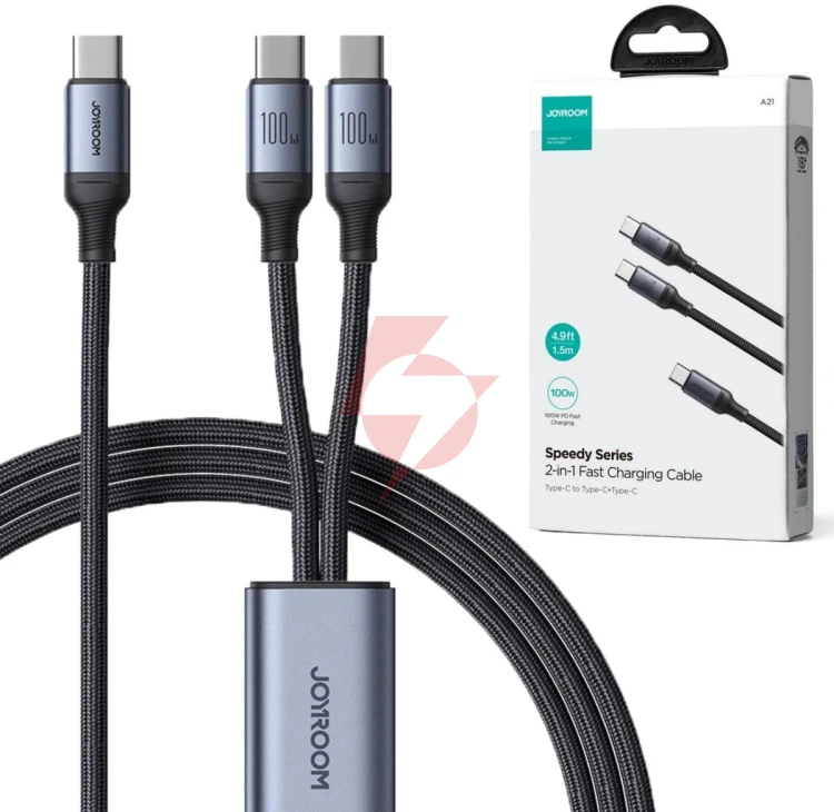 Kabel 2w1 usb-c / 2x usb-c joyroom speedy sa21-1t2 150cm 100w w oplocie czarny