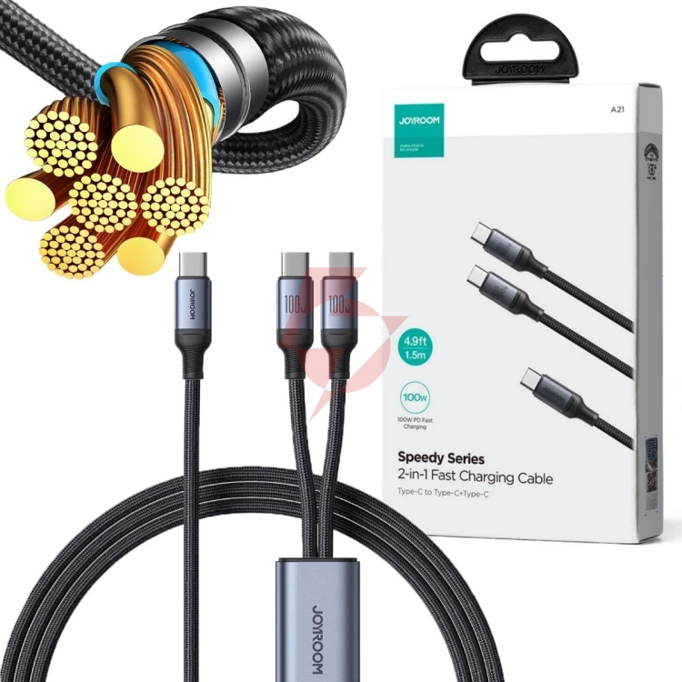 Kabel 2w1 usb-c / 2x usb-c joyroom speedy sa21-1t2 150cm 100w w oplocie czarny
