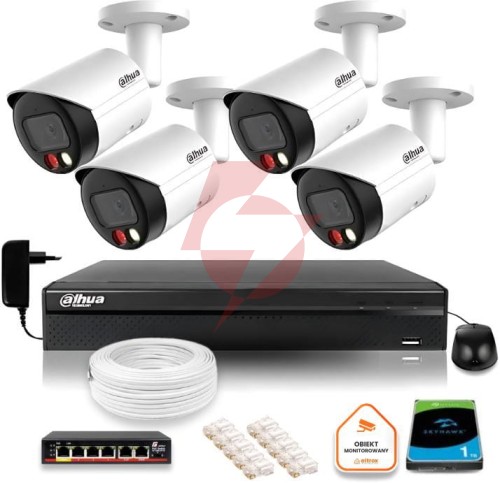 Zestaw monitoringu ip dahua 4 kamer fullhd z podwójnych oświetleniem kolor w nocy