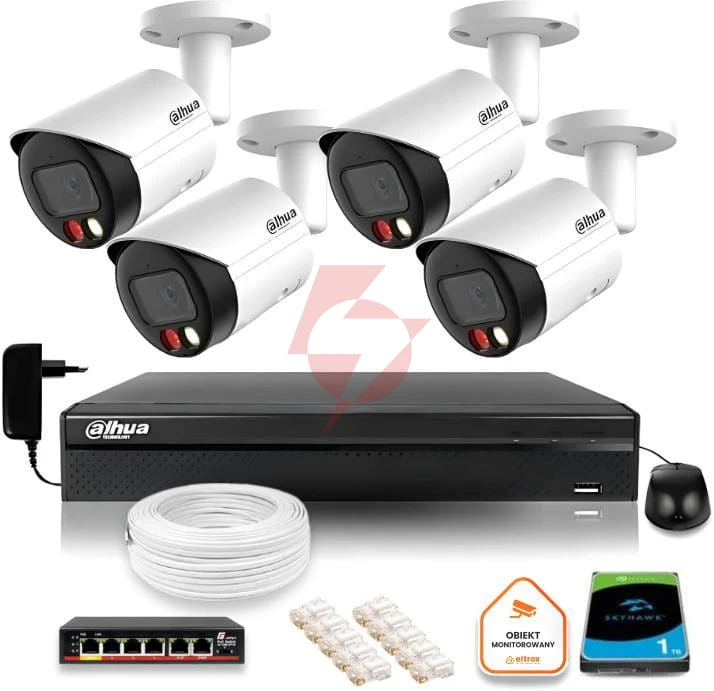 Zestaw monitoringu ip dahua 4 kamer fullhd z podwójnych oświetleniem kolor w nocy