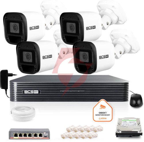 Zestaw monitoringu ip bcs basic 4x kamera bcs-b-tip12fr3(2.0) rejestrator z dyskiem
