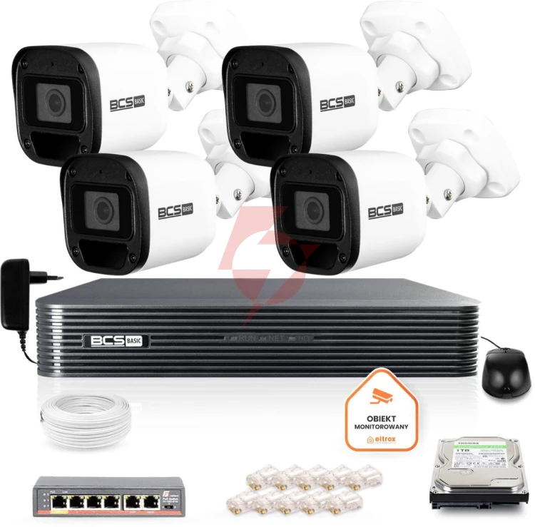 Zestaw monitoringu ip bcs basic 4x kamera bcs-b-tip12fr3(2.0) rejestrator z dyskiem