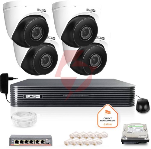 Zestaw monitoringu ip bcs basic 4x kamera bcs-b-eip45vsr3(2.0) rejestrator z dyskiem