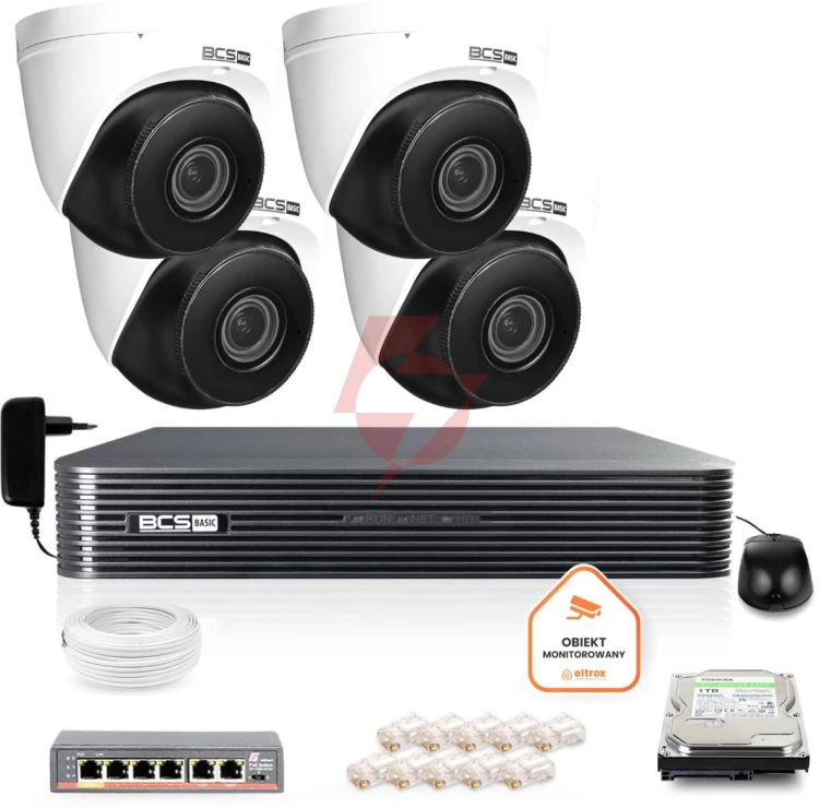 Zestaw monitoringu ip bcs basic 4x kamera bcs-b-eip45vsr3(2.0) rejestrator z dyskiem