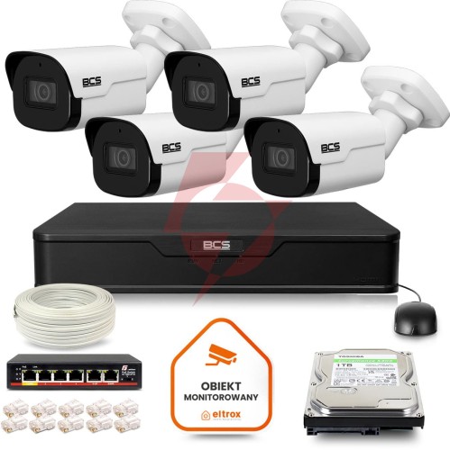 Zestaw monitoringu ip bcs point 4x kamera bcs-p-tip24fsr4-ai2 rejestrator z dyskiem 1tb