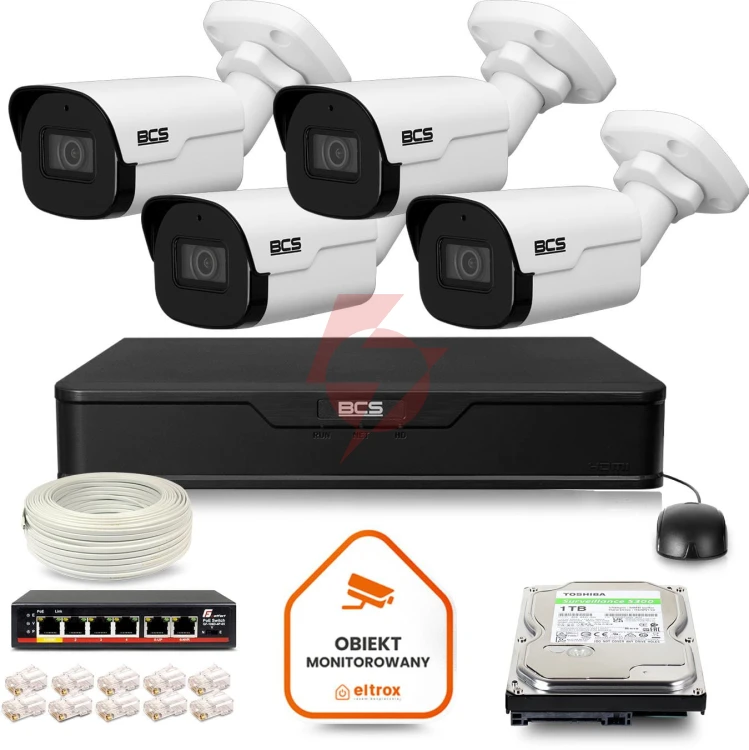 Zestaw monitoringu ip bcs point 4x kamera bcs-p-tip24fsr4-ai2 rejestrator z dyskiem 1tb