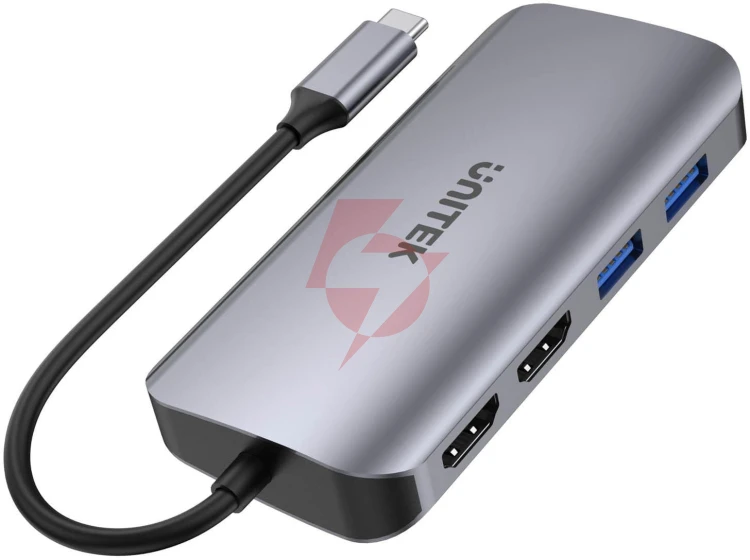 Unitek d1122a01 aktywny hub usb-c 5gbps, 2x hdmi 4k, czytnik kart, rj-45, pd 100w