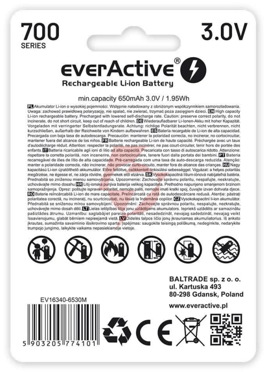 Akumulatorek 16340 / r-cr123 3v everactive 700mah (1 szt.) z zabezpieczeniem