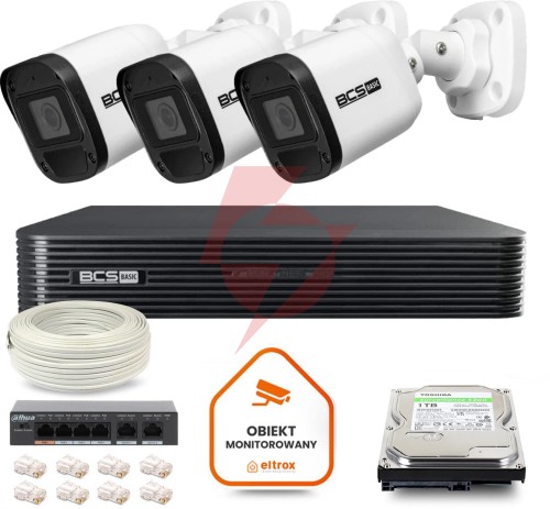 Zestaw monitoringu ip bcs basic 3x kamera bcs-b-tip15fr3(2.0) rejestrator z dyskiem