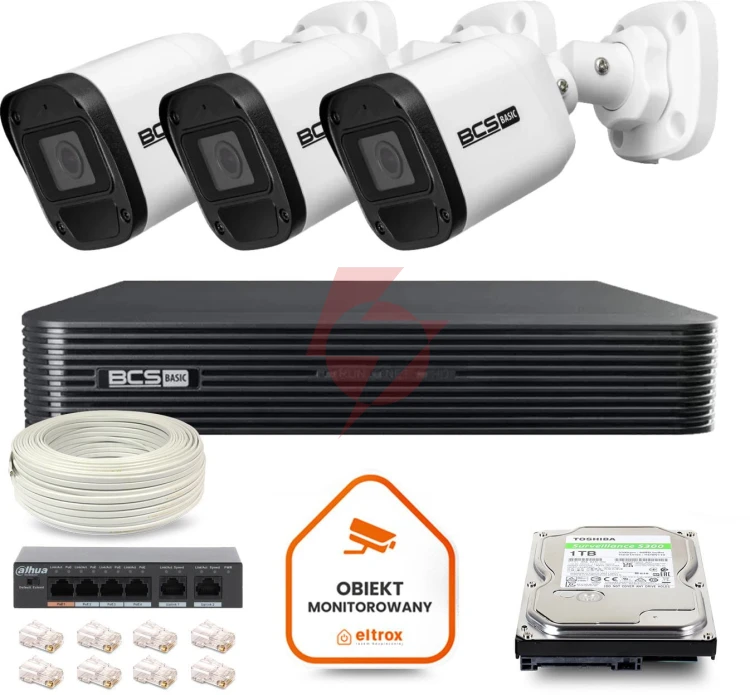 Zestaw monitoringu ip bcs basic 3x kamera bcs-b-tip15fr3(2.0) rejestrator z dyskiem