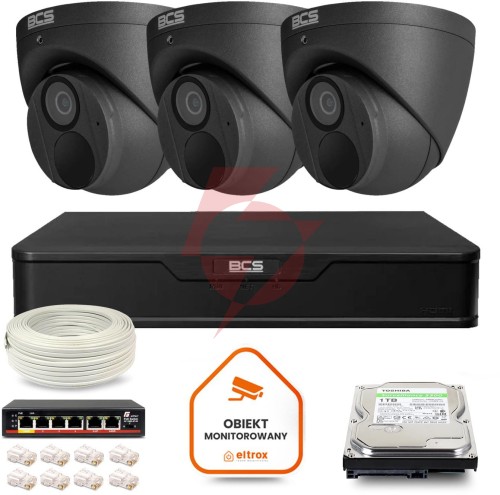 Zestaw monitoringu ip bcs point 3x kamera bcs-p-eip28fwr3-ai2-g rejestrator z dyskiem