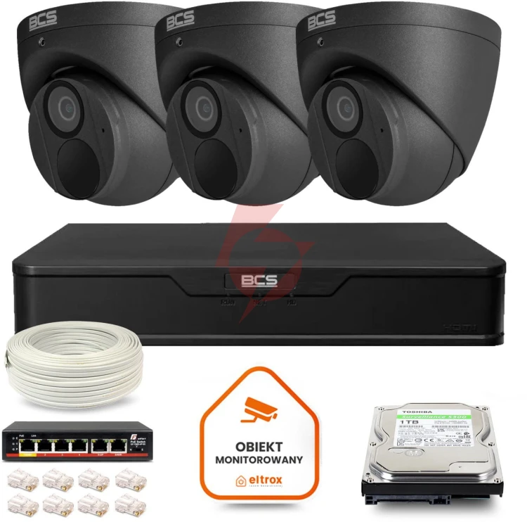 Zestaw monitoringu ip bcs point 3x kamera bcs-p-eip28fwr3-ai2-g rejestrator z dyskiem