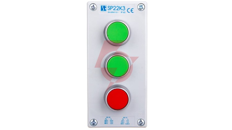 Kaseta sterownicza 3-otworowa 2xzielony/czerwony 2Z 1R IP65 1x dławnica M20 szara ST22K3\01-1