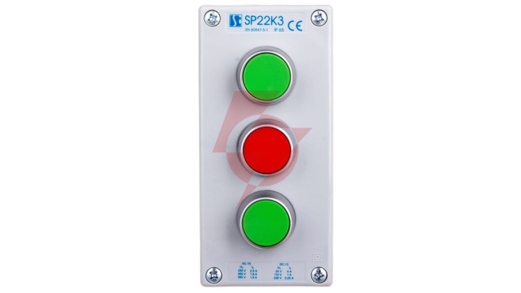 Kaseta sterownicza 3-otworowa 2xzielony/czerwony 2Z 1R IP65 1x membrana M20 szara SP22K3\02-2