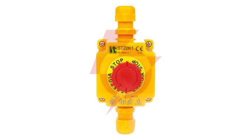 Kaseta z przyciskiem bezpieczeństwa przez obrót 1R IP65 żółta 2x dławnica M20 ST22K105-2