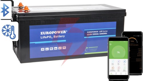 Akumulator lifepo4 europower serii lfp 12,8v 200ah bluetooth, mata grzewcza (żywotność ~2000 cykli)