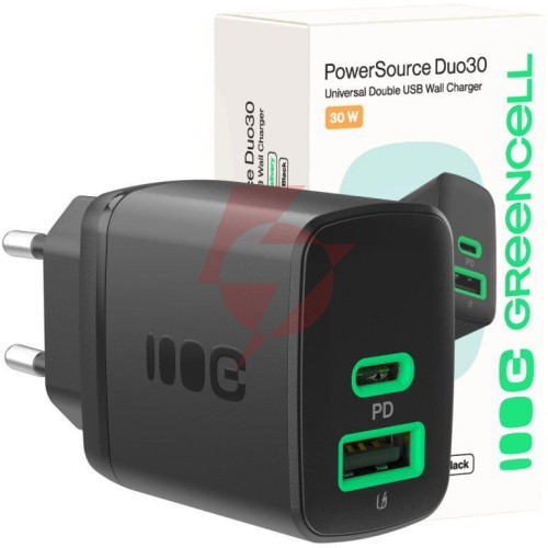 Ładowarka sieciowa greencell powersource duo30 30w 1xusb-c 1xusb-a pd 3.0 qc 4.0+ czarna