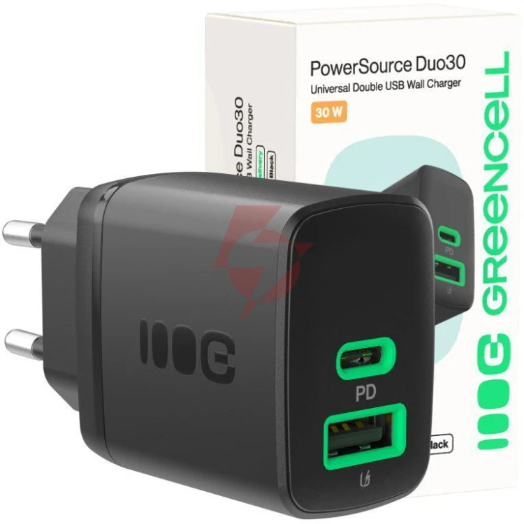 Ładowarka sieciowa greencell powersource duo30 30w 1xusb-c 1xusb-a pd 3.0 qc 4.0+ czarna