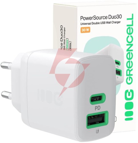 Ładowarka sieciowa greencell powersource duo30 30w 1xusb-c 1xusb-a pd 3.0 qc 4.0+ biała