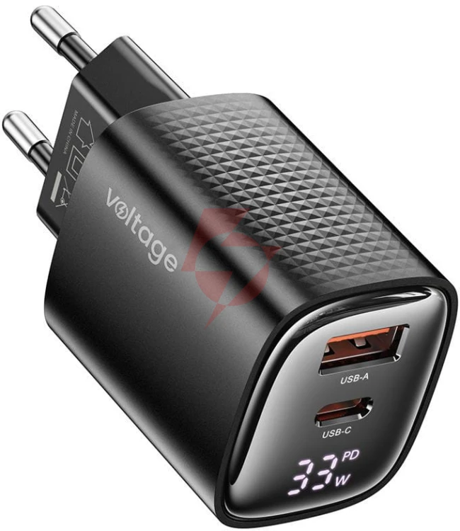 Ładowarka sieciowa voltage gan charger mini 33w pd 3.0 qc 3.0 usb-a usb-c digital display czarna