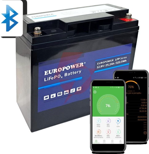 Akumulator lifepo4 europower serii lfp 12,8v 25,2ah bluetooth (żywotność ~2000 cykli)