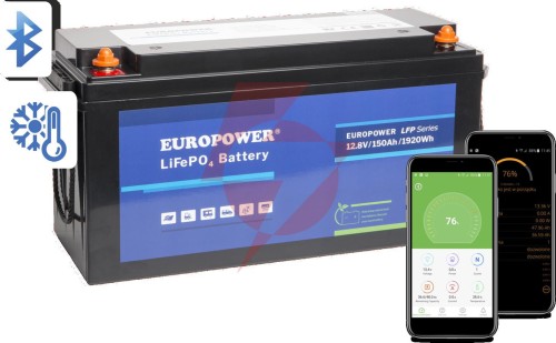 Akumulator lifepo4 europower serii lfp 12,8v 150ah bluetooth, mata grzewcza (żywotność ~2000 cykli)