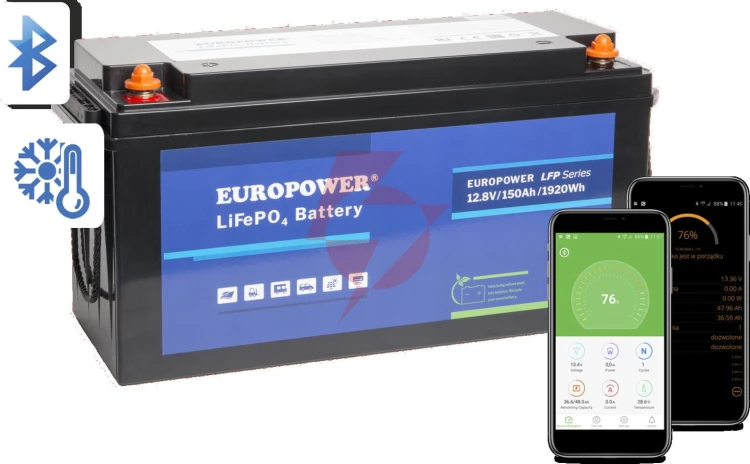 Akumulator lifepo4 europower serii lfp 12,8v 150ah bluetooth, mata grzewcza (żywotność ~2000 cykli)