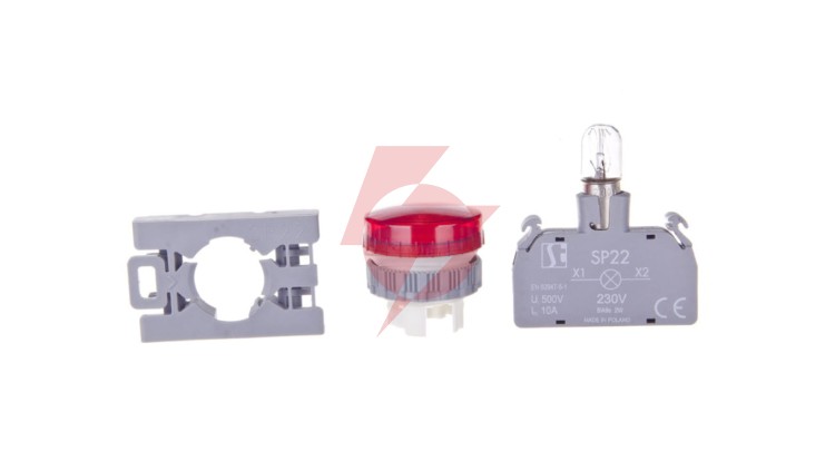 Lampka sygnalizacyjna 22mm czerwona 230V AC SP22-LC-230-BA9S.