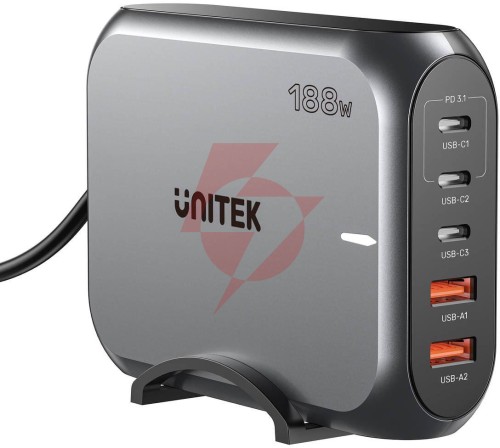 Ładowarka sieciowa unitek 2xusb-a 3xusb-c gan 188w