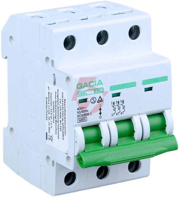 Wyłącznik nadmiarowoprądowy,6ka,b,3-pola,20a gacia sb6l b 3p 20a