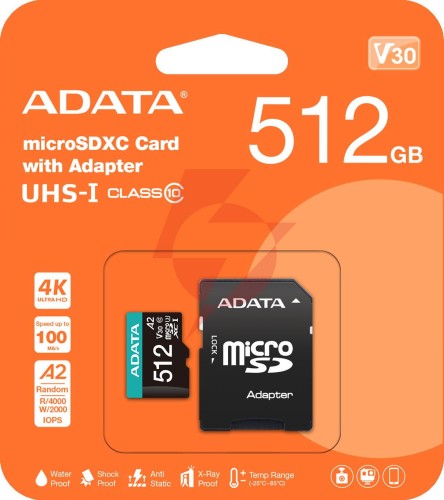 Adata karta pamięci microsd premier pro 512 gb uhs1 u3 v30 a2 + adapter